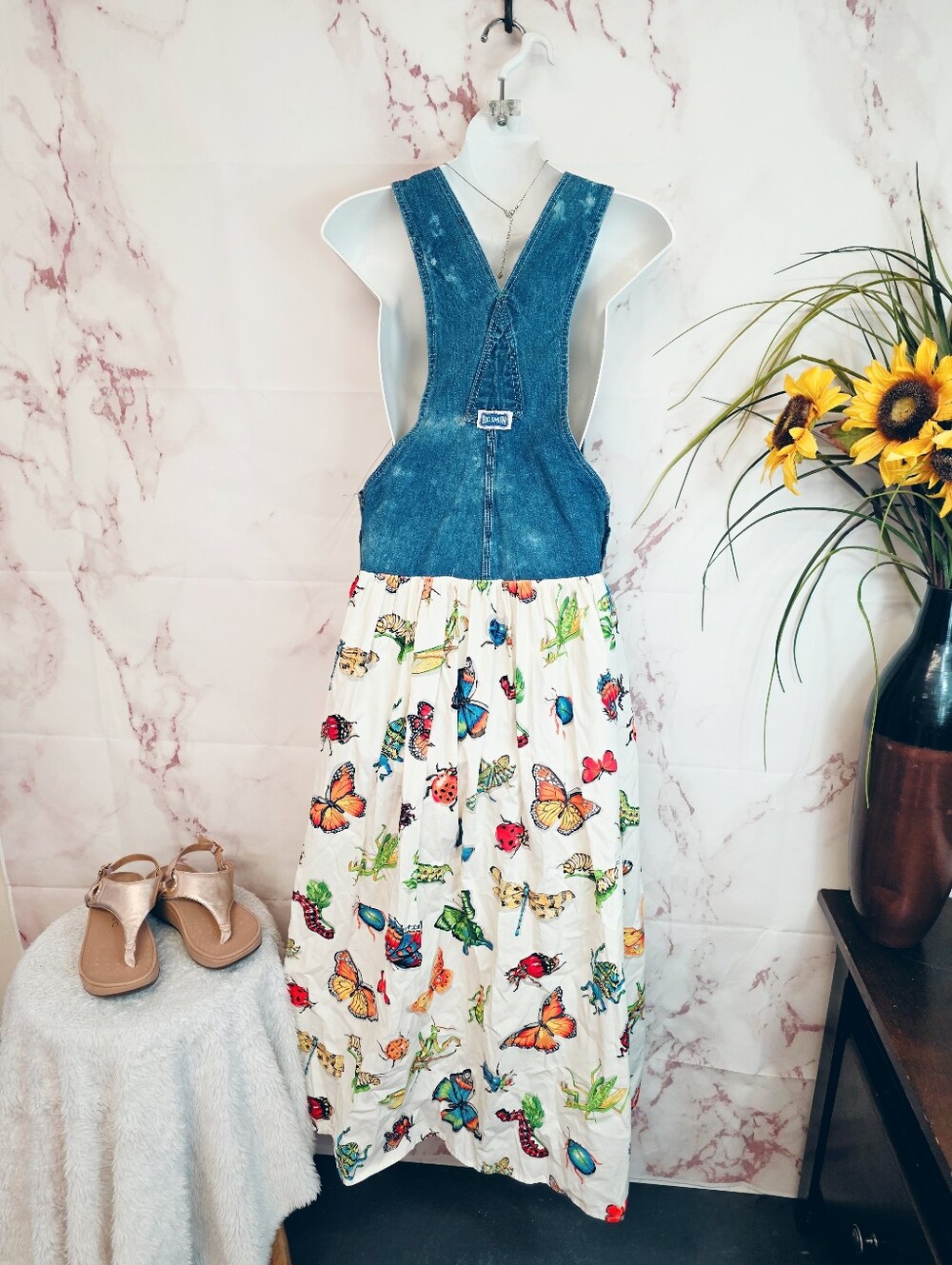 Upcycled Vintage Patchwork Overall Maxi Dress Butterflies Cottagecore USA - Picture 8 of 9